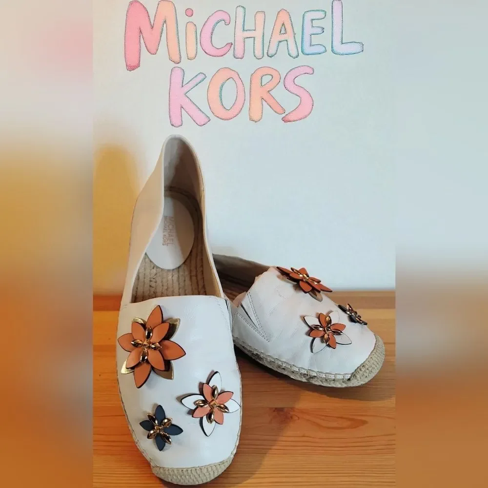 Michael Kors White Leather and Colorful Floral Applique Espadrilles Sz 9
